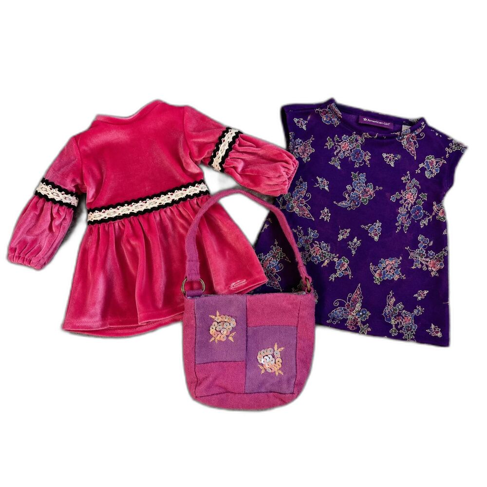 American Girl Doll Clothing Lot 2 Dresses Purple Pink + Purse 18" Doll
